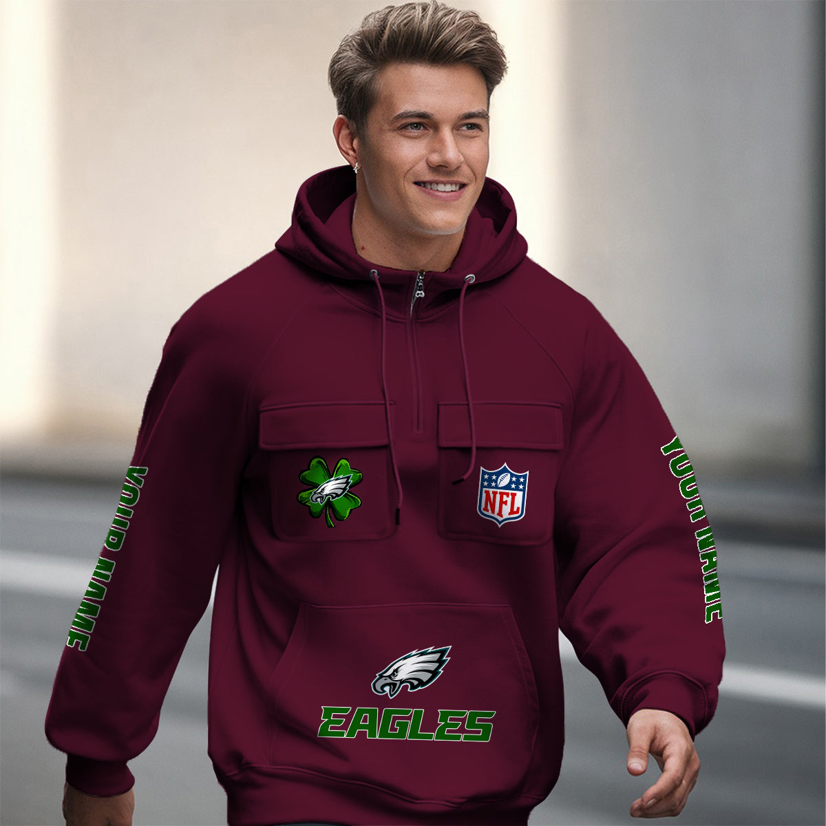 Philadelphia Eagles St Patrick’s Day Collection Multi-Pockets Zip Hoodie AZTNMZHD000108