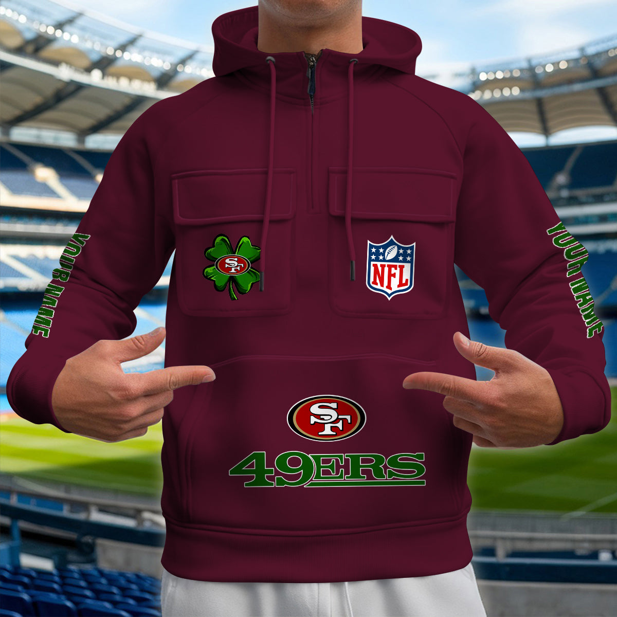 San Francisco 49ers St Patrick’s Day Collection Multi-Pockets Zip Hoodie AZTNMZHD000109