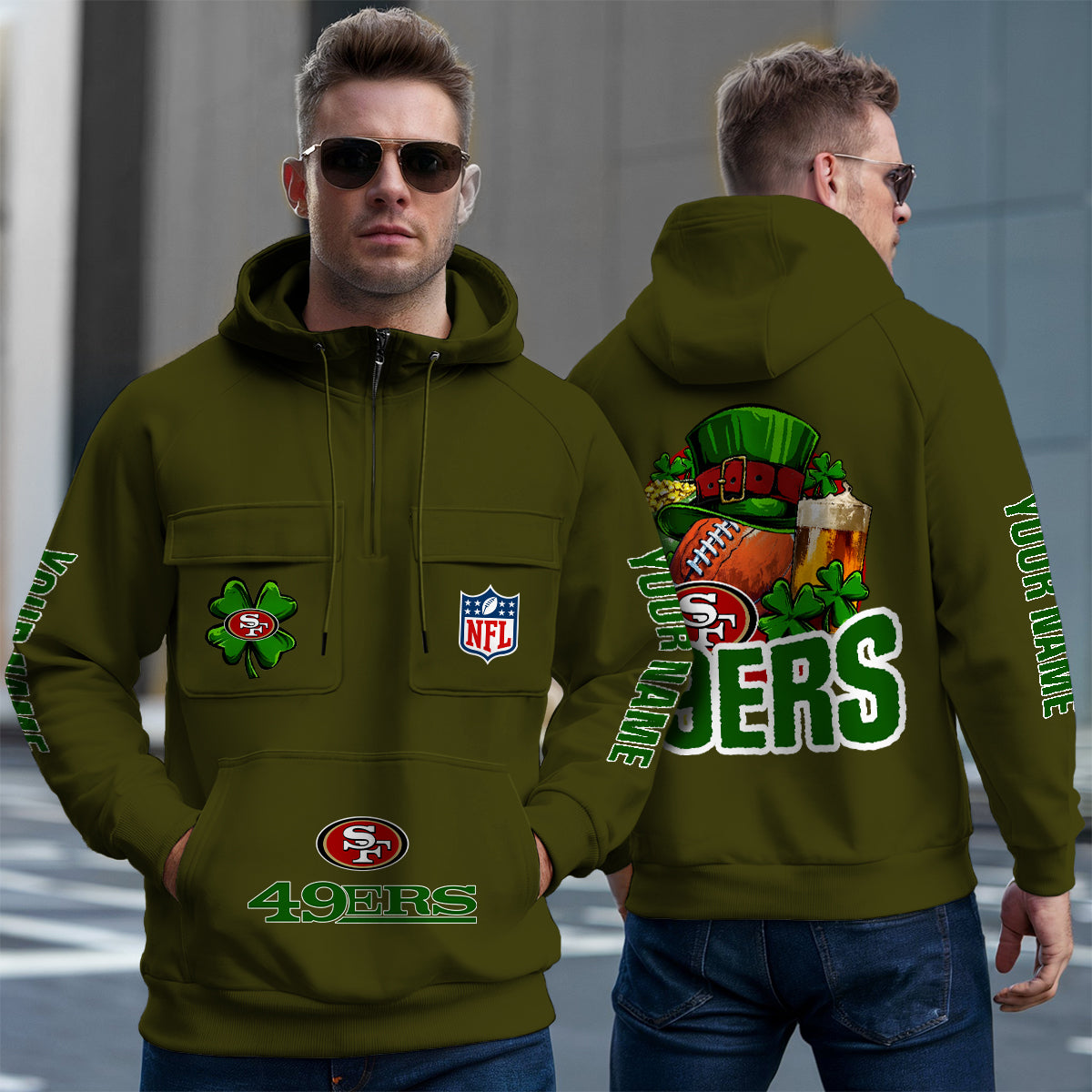 San Francisco 49ers St Patrick’s Day Collection Multi-Pockets Zip Hoodie AZTNMZHD000109