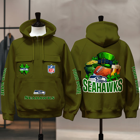 Seattle Seahawks St Patrick’s Day Collection Multi-Pockets Zip Hoodie AZTNMZHD000110