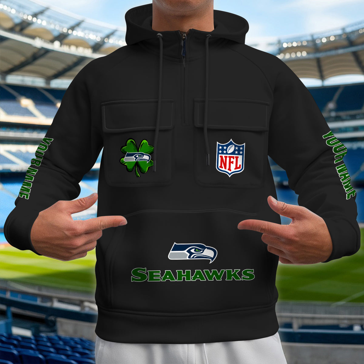 Seattle Seahawks St Patrick’s Day Collection Multi-Pockets Zip Hoodie AZTNMZHD000110