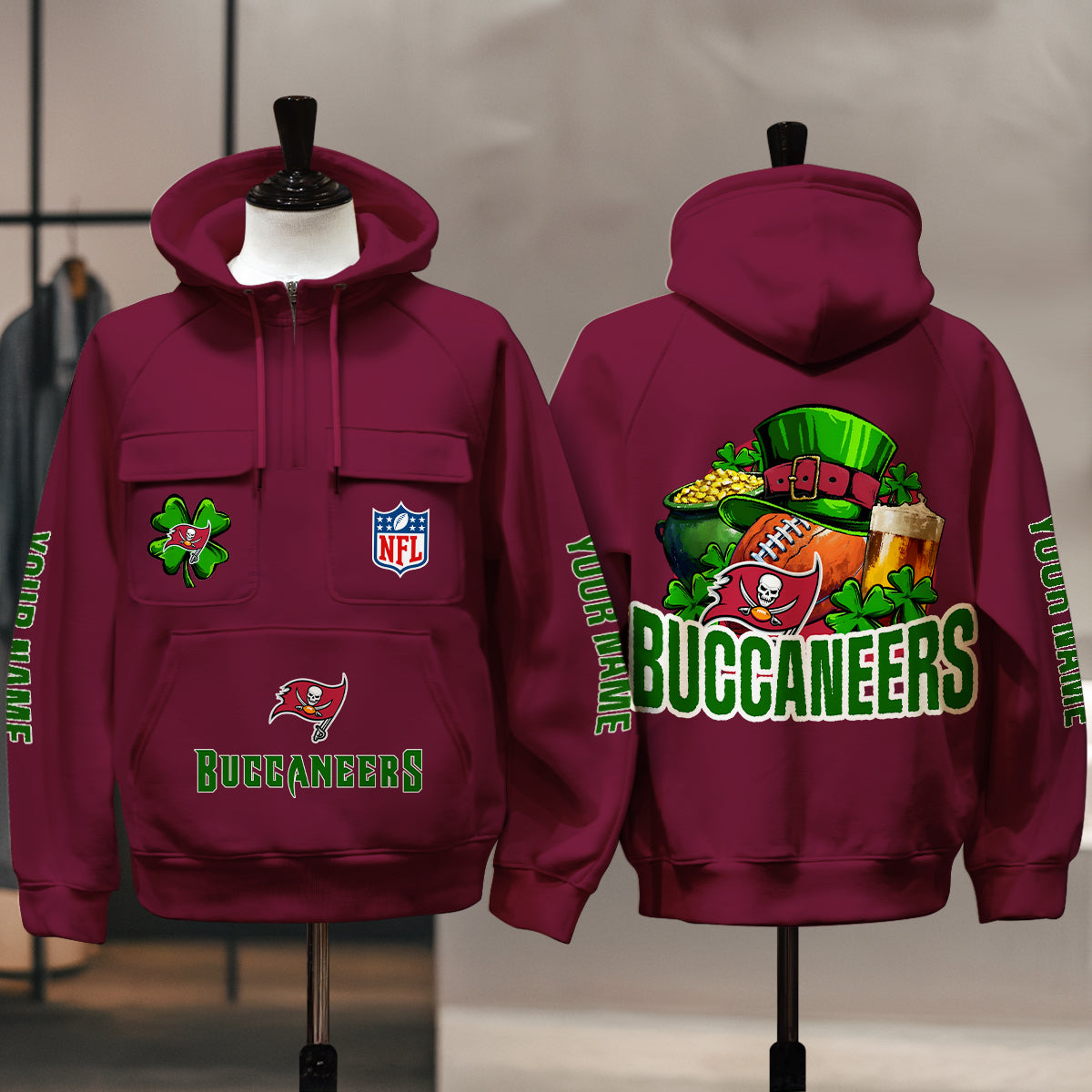 Tampa Bay Buccaneers St Patrick’s Day Collection Multi-Pockets Zip Hoodie AZTNMZHD000111