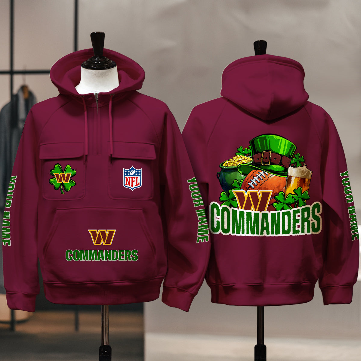 Washington Commanders St Patrick’s Day Collection Multi-Pockets Zip Hoodie AZTNMZHD000112