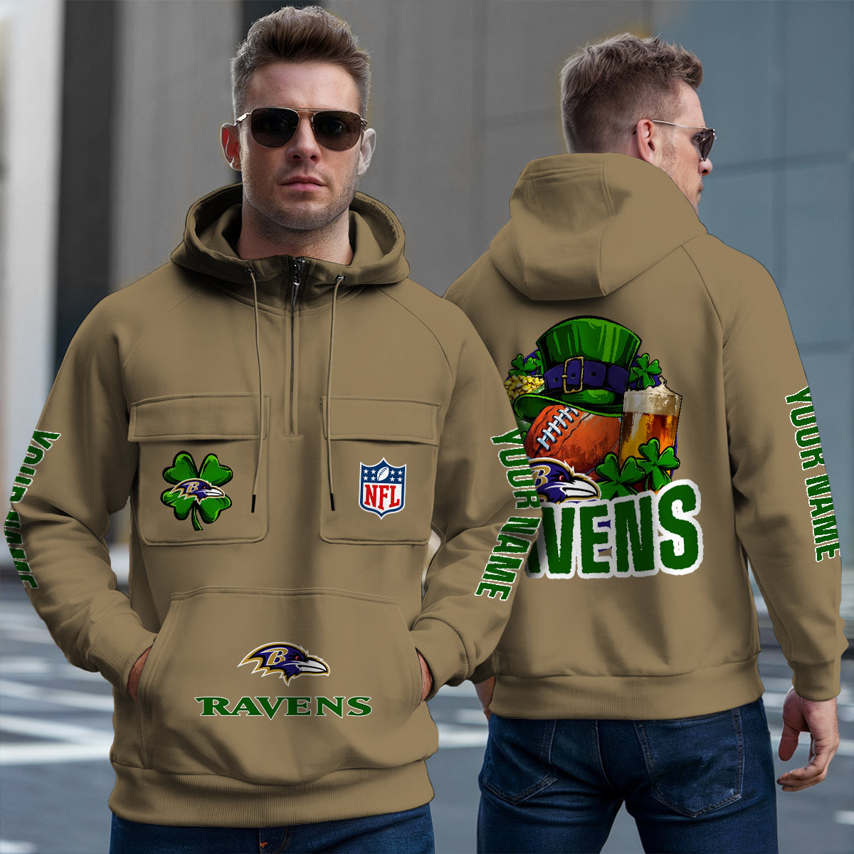 Baltimore Ravens St Patrick’s Day Collection Multi-Pockets Zip Hoodie AZTNMZHD000113