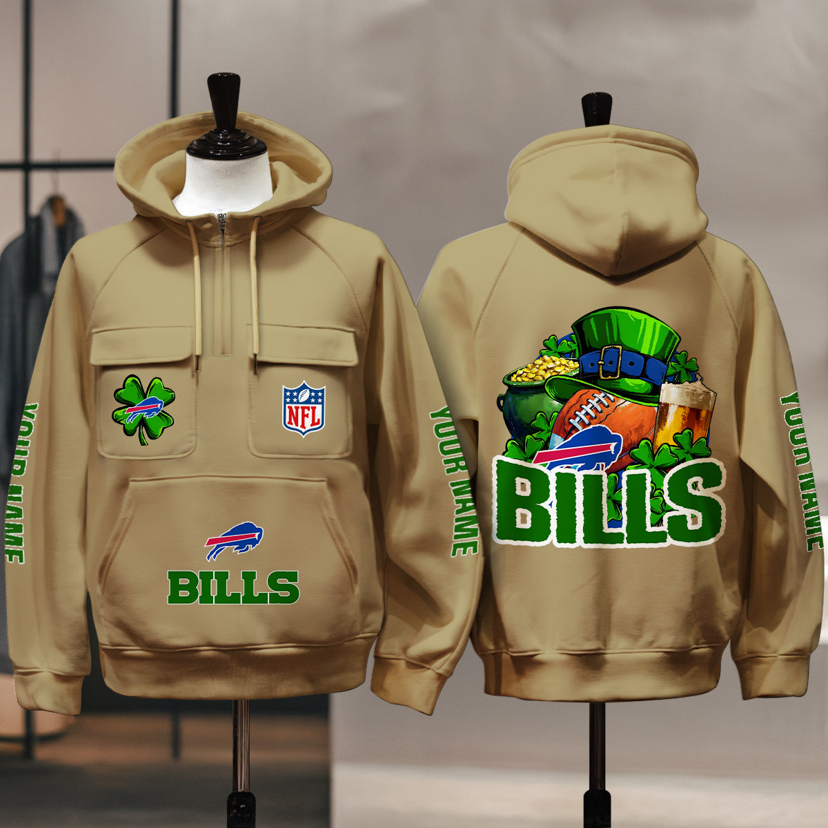 Buffalo Bills St Patrick’s Day Collection Multi-Pockets Zip Hoodie AZTNMZHD000114