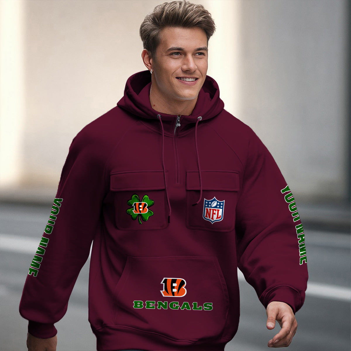 Cincinnati Bengals St Patrick’s Day Collection Multi-Pockets Zip Hoodie AZTNMZHD000115