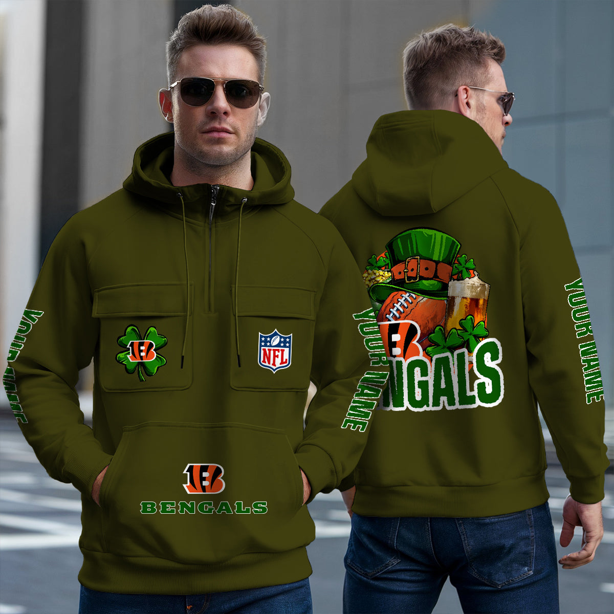 Cincinnati Bengals St Patrick’s Day Collection Multi-Pockets Zip Hoodie AZTNMZHD000115