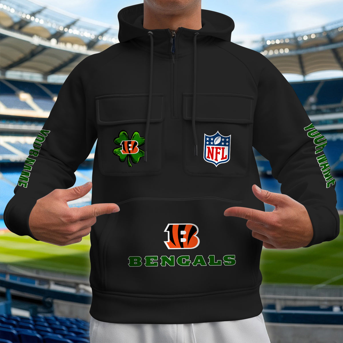 Cincinnati Bengals St Patrick’s Day Collection Multi-Pockets Zip Hoodie AZTNMZHD000115
