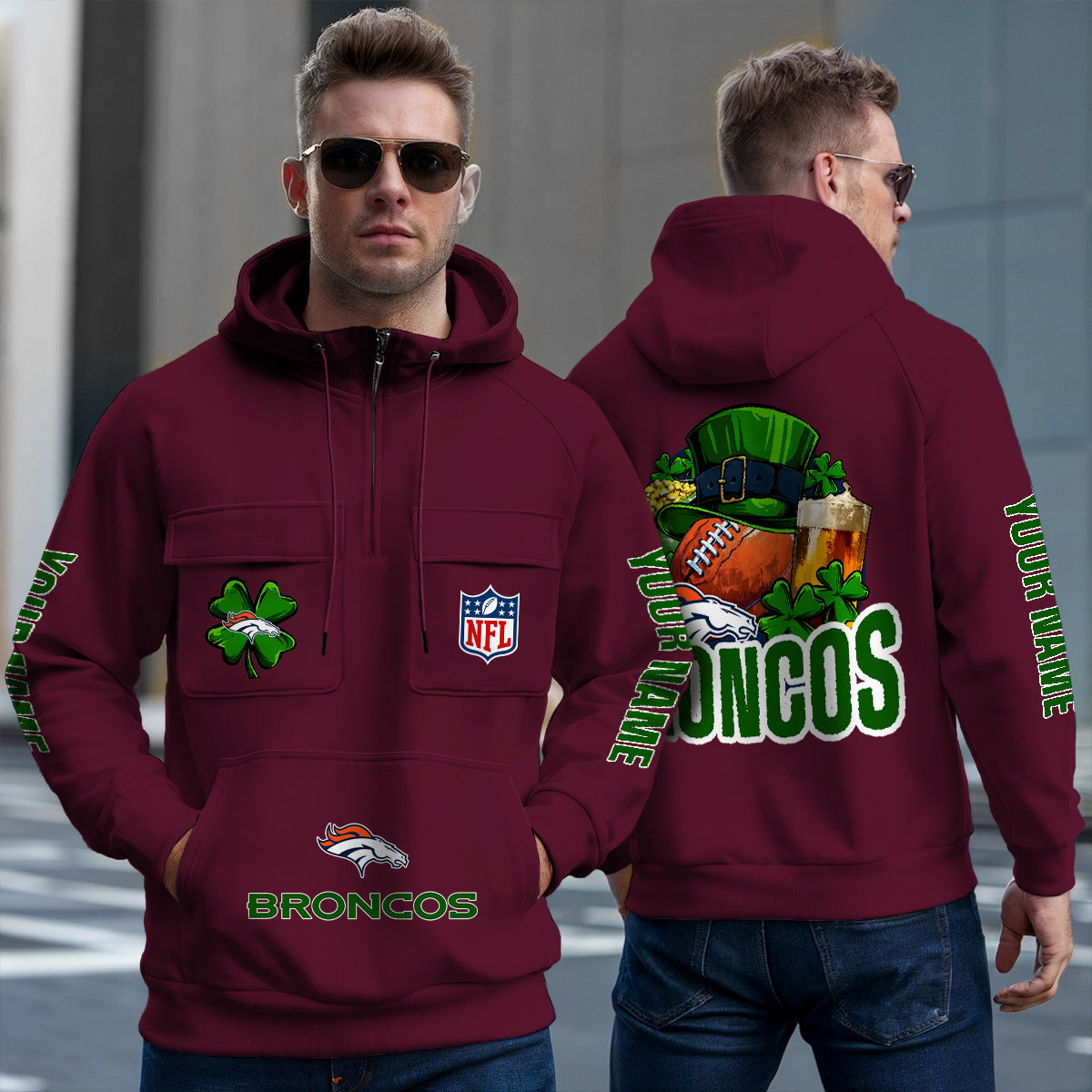 Denver Broncos St Patrick’s Day Collection Multi-Pockets Zip Hoodie AZTNMZHD000117