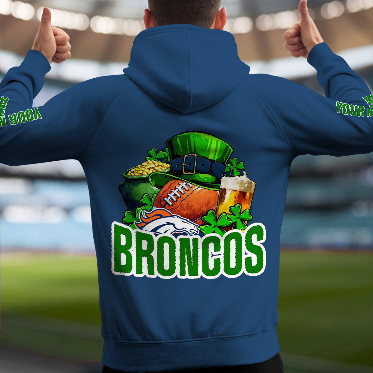 Denver Broncos St Patrick’s Day Collection Multi-Pockets Zip Hoodie AZTNMZHD000117