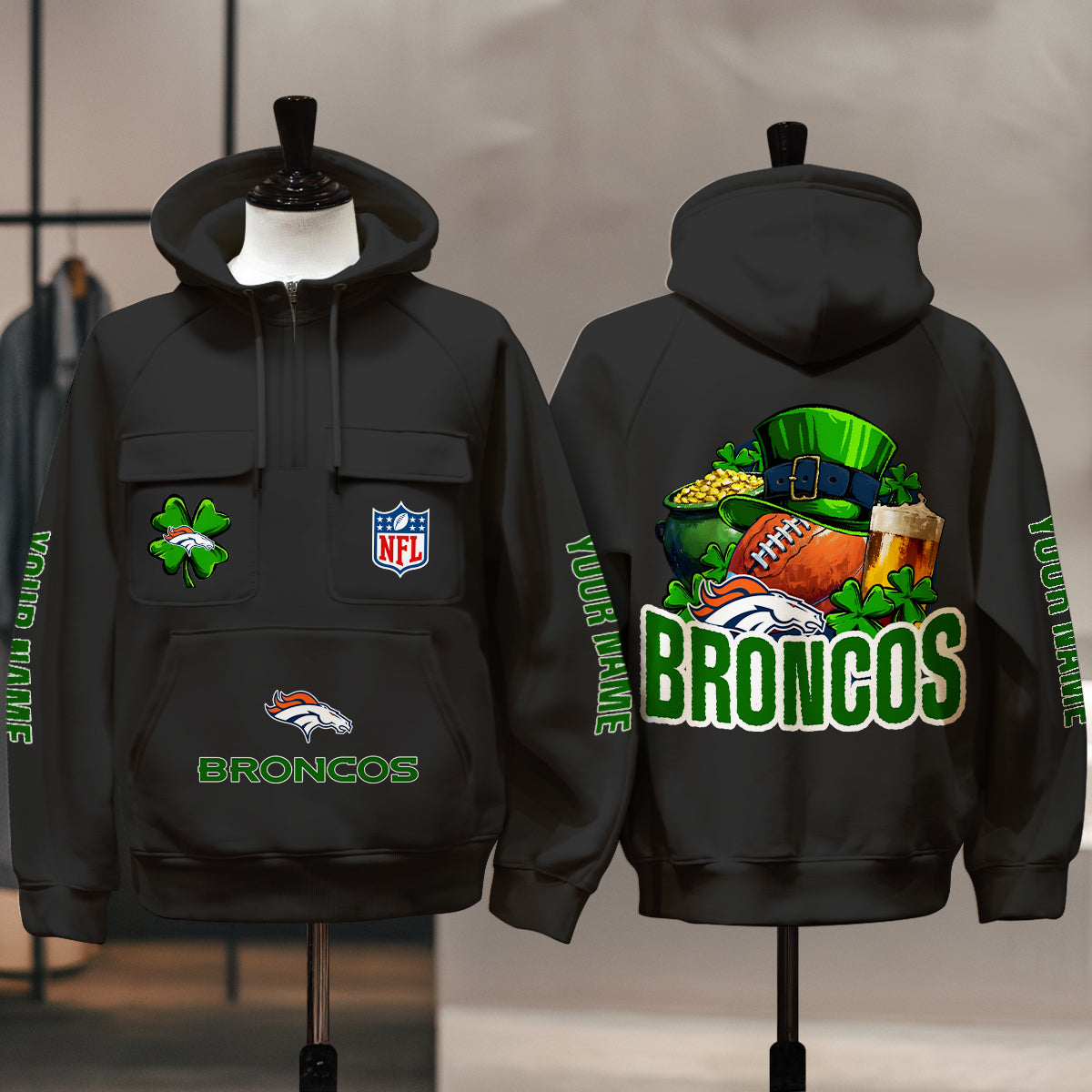 Denver Broncos St Patrick’s Day Collection Multi-Pockets Zip Hoodie AZTNMZHD000117
