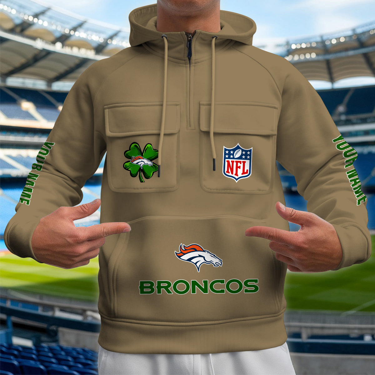 Denver Broncos St Patrick’s Day Collection Multi-Pockets Zip Hoodie AZTNMZHD000117