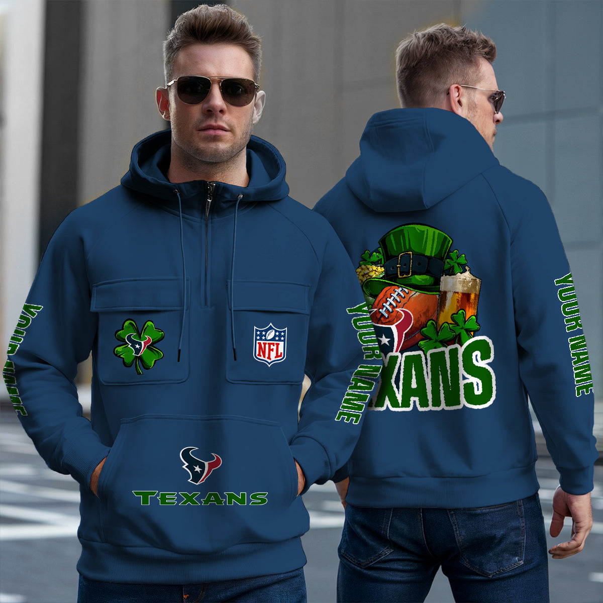 Houston Texans St Patrick’s Day Collection Multi-Pockets Zip Hoodie AZTNMZHD000118