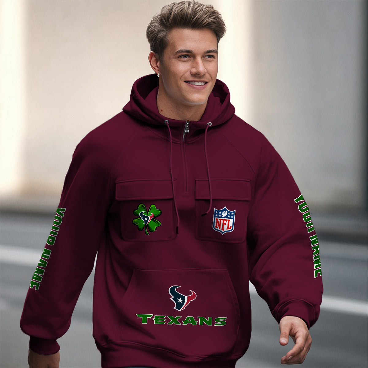 Houston Texans St Patrick’s Day Collection Multi-Pockets Zip Hoodie AZTNMZHD000118