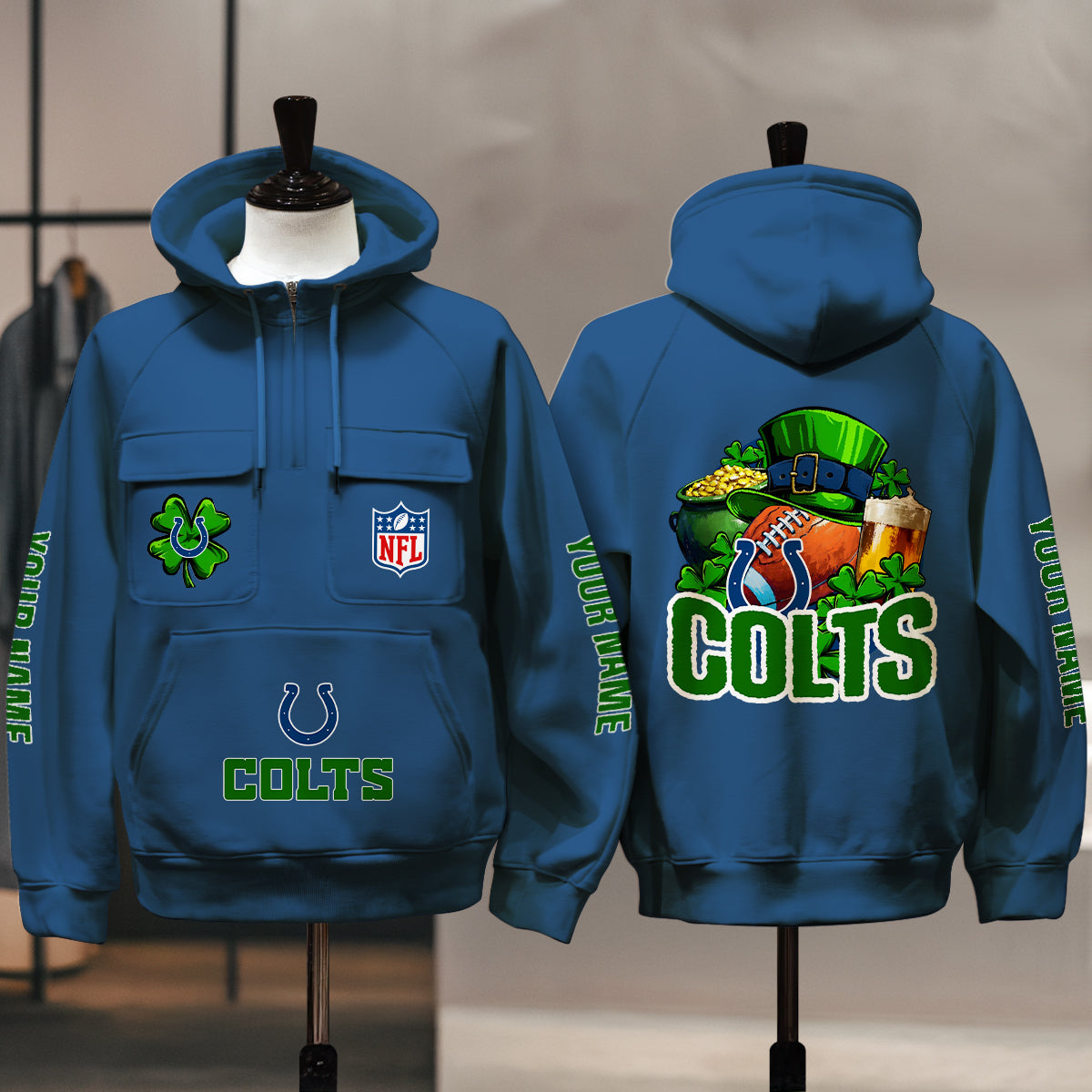 Indianapolis Colts St Patrick’s Day Collection Multi-Pockets Zip Hoodie AZTNMZHD000119