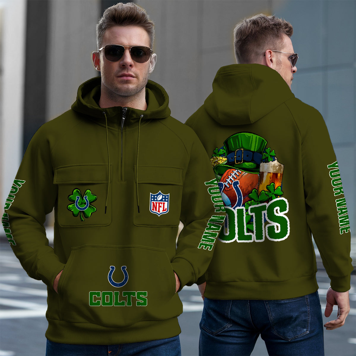 Indianapolis Colts St Patrick’s Day Collection Multi-Pockets Zip Hoodie AZTNMZHD000119