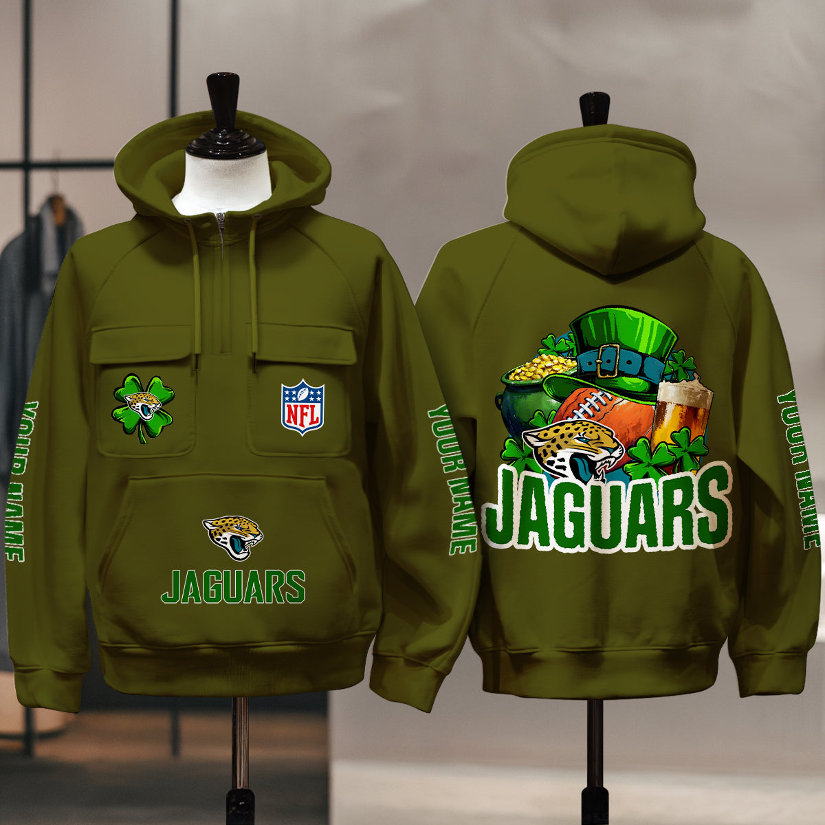 Jacksonville Jaguars St Patrick’s Day Collection Multi-Pockets Zip Hoodie AZTNMZHD000120