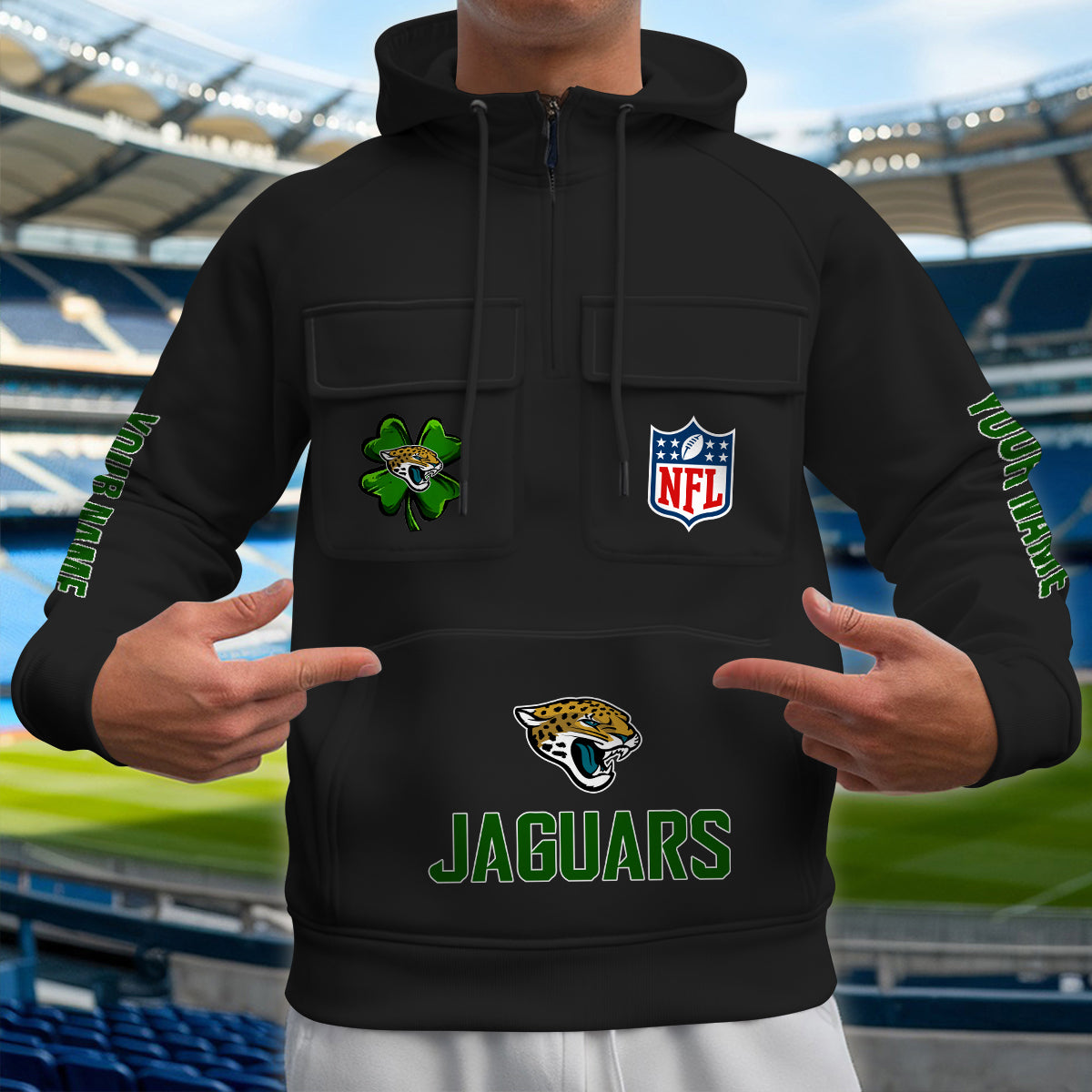 Jacksonville Jaguars St Patrick’s Day Collection Multi-Pockets Zip Hoodie AZTNMZHD000120