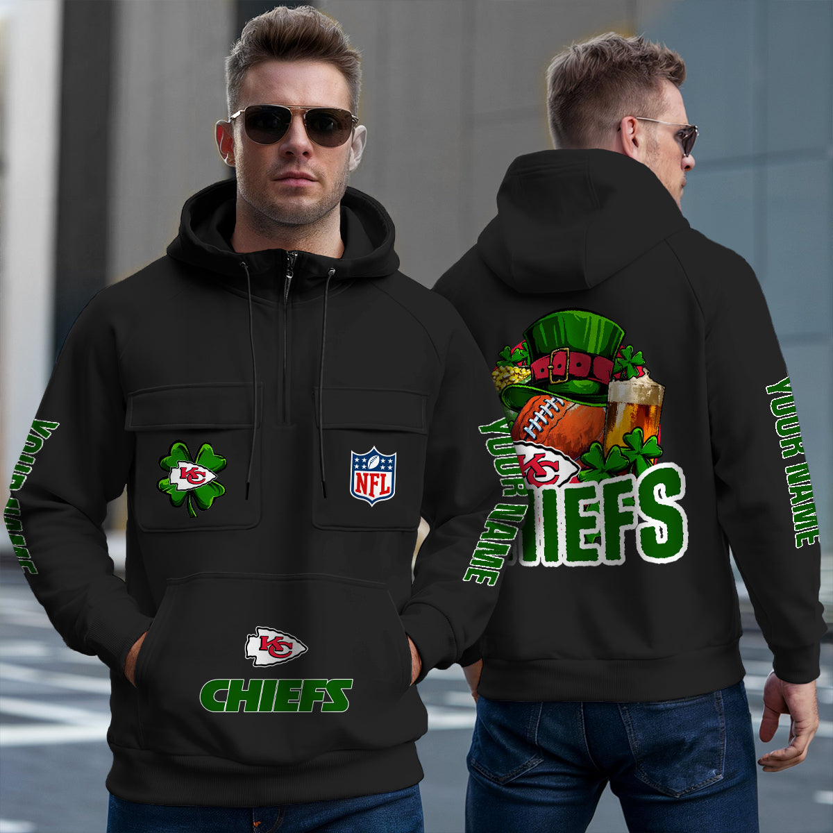Kansas City Chiefs St Patrick’s Day Collection Multi-Pockets Zip Hoodie AZTNMZHD000121