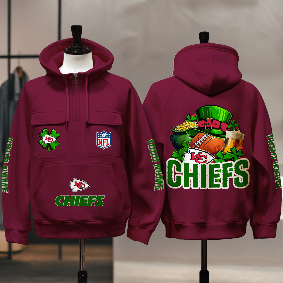 Kansas City Chiefs St Patrick’s Day Collection Multi-Pockets Zip Hoodie AZTNMZHD000121