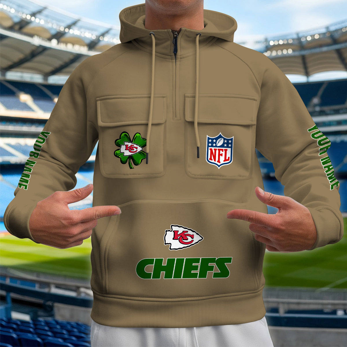 Kansas City Chiefs St Patrick’s Day Collection Multi-Pockets Zip Hoodie AZTNMZHD000121