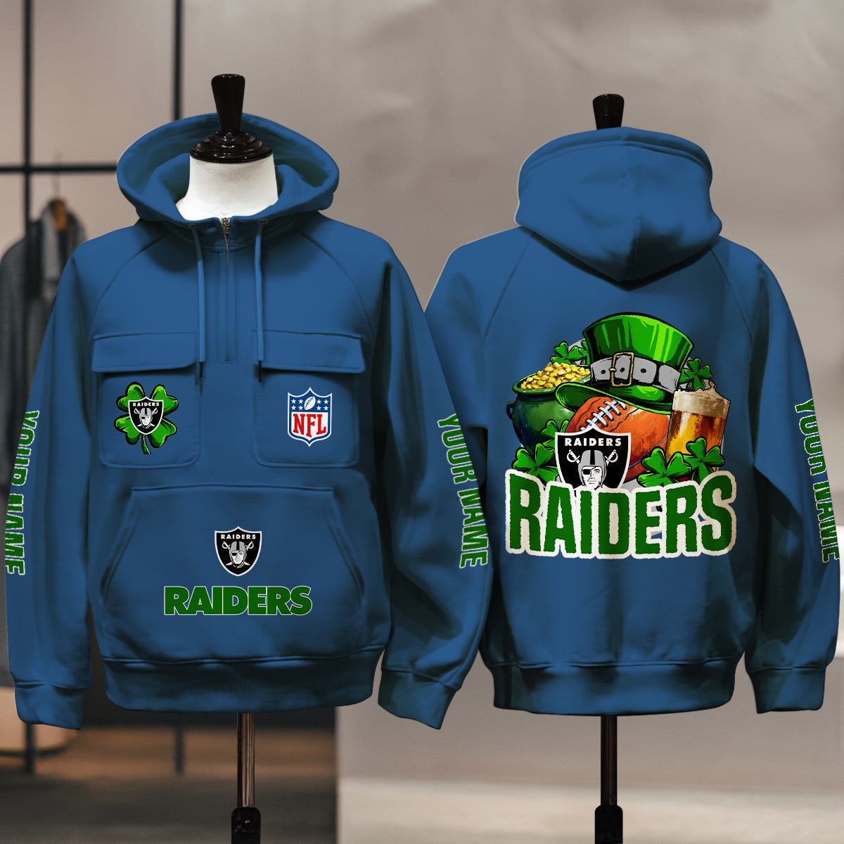 Las Vegas Raiders St Patrick’s Day Collection Multi-Pockets Zip Hoodie AZTNMZHD000122