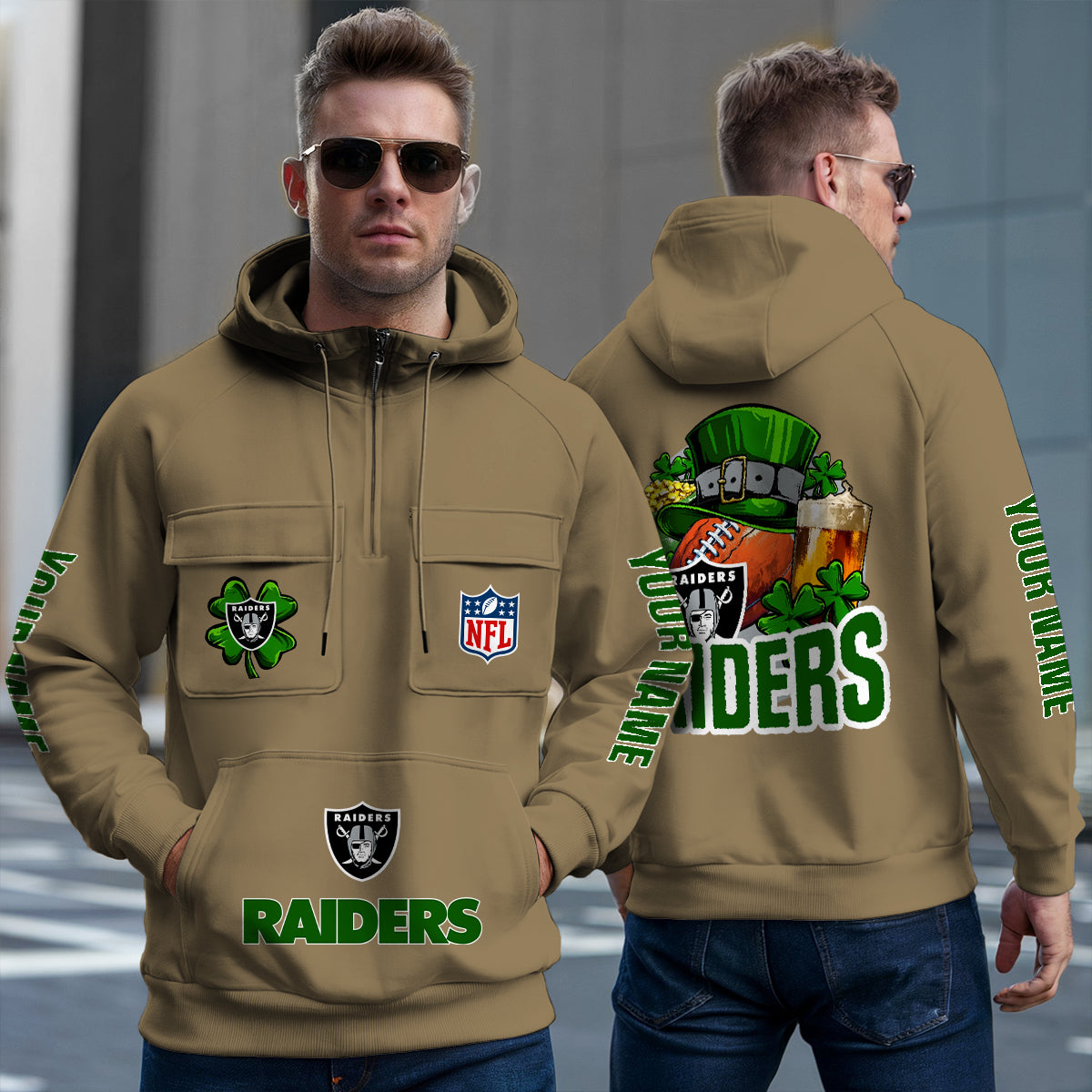 Las Vegas Raiders St Patrick’s Day Collection Multi-Pockets Zip Hoodie AZTNMZHD000122