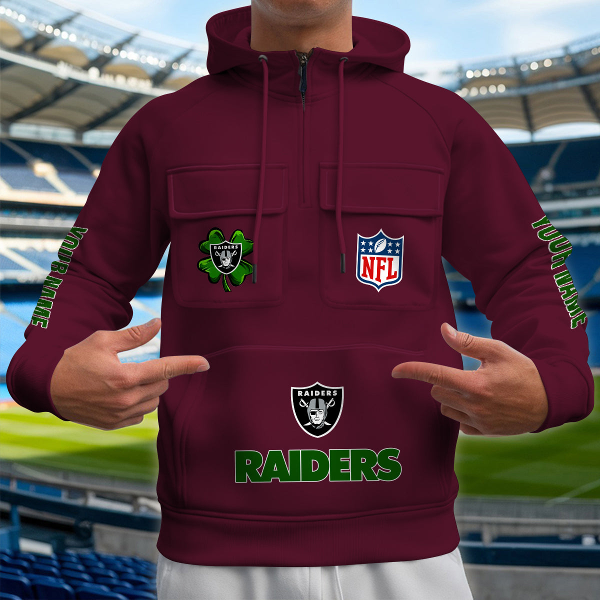 Las Vegas Raiders St Patrick’s Day Collection Multi-Pockets Zip Hoodie AZTNMZHD000122