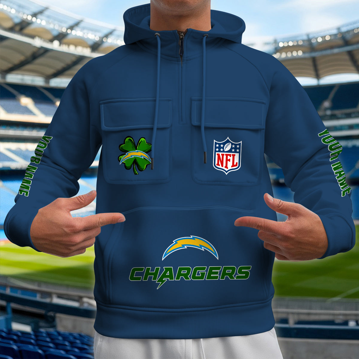 Los Angeles Chargers St Patrick’s Day Collection Multi-Pockets Zip Hoodie AZTNMZHD000123