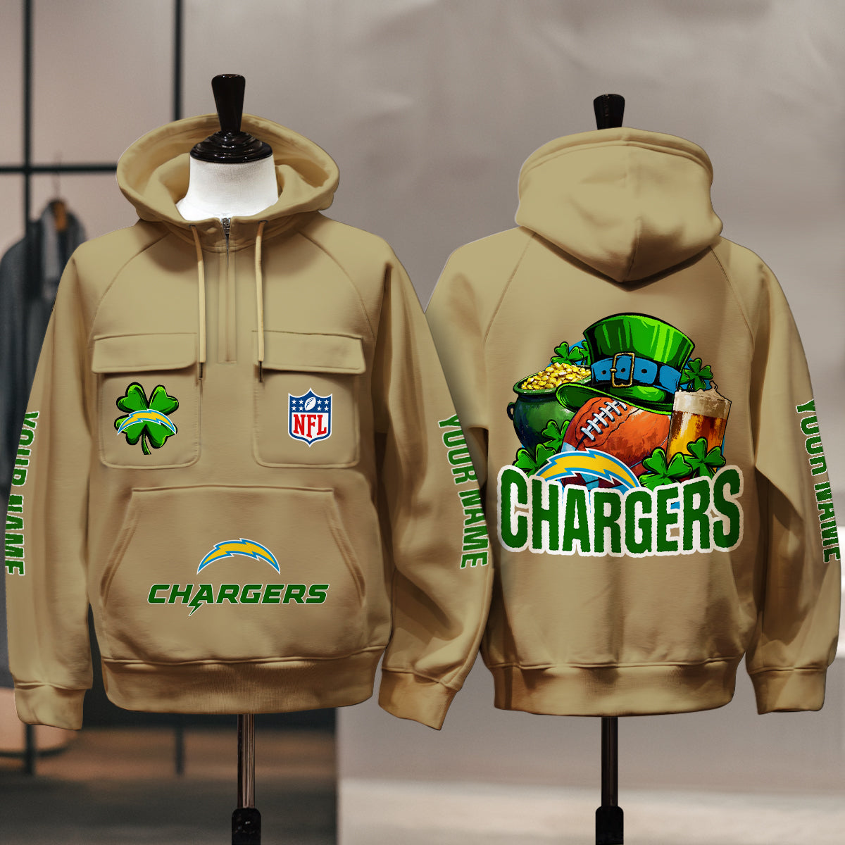Los Angeles Chargers St Patrick’s Day Collection Multi-Pockets Zip Hoodie AZTNMZHD000123