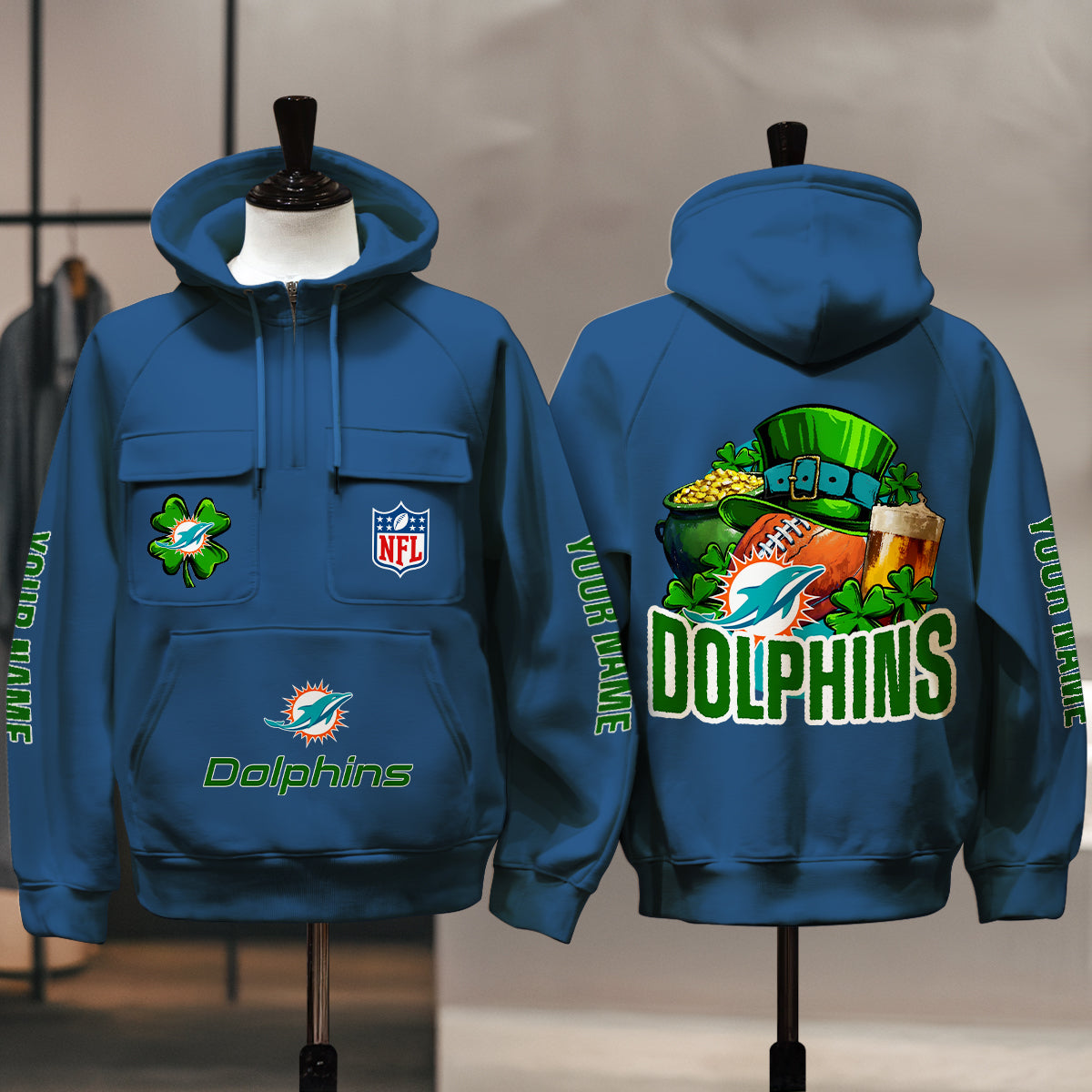 Miami Dolphins St Patrick’s Day Collection Multi-Pockets Zip Hoodie AZTNMZHD000124