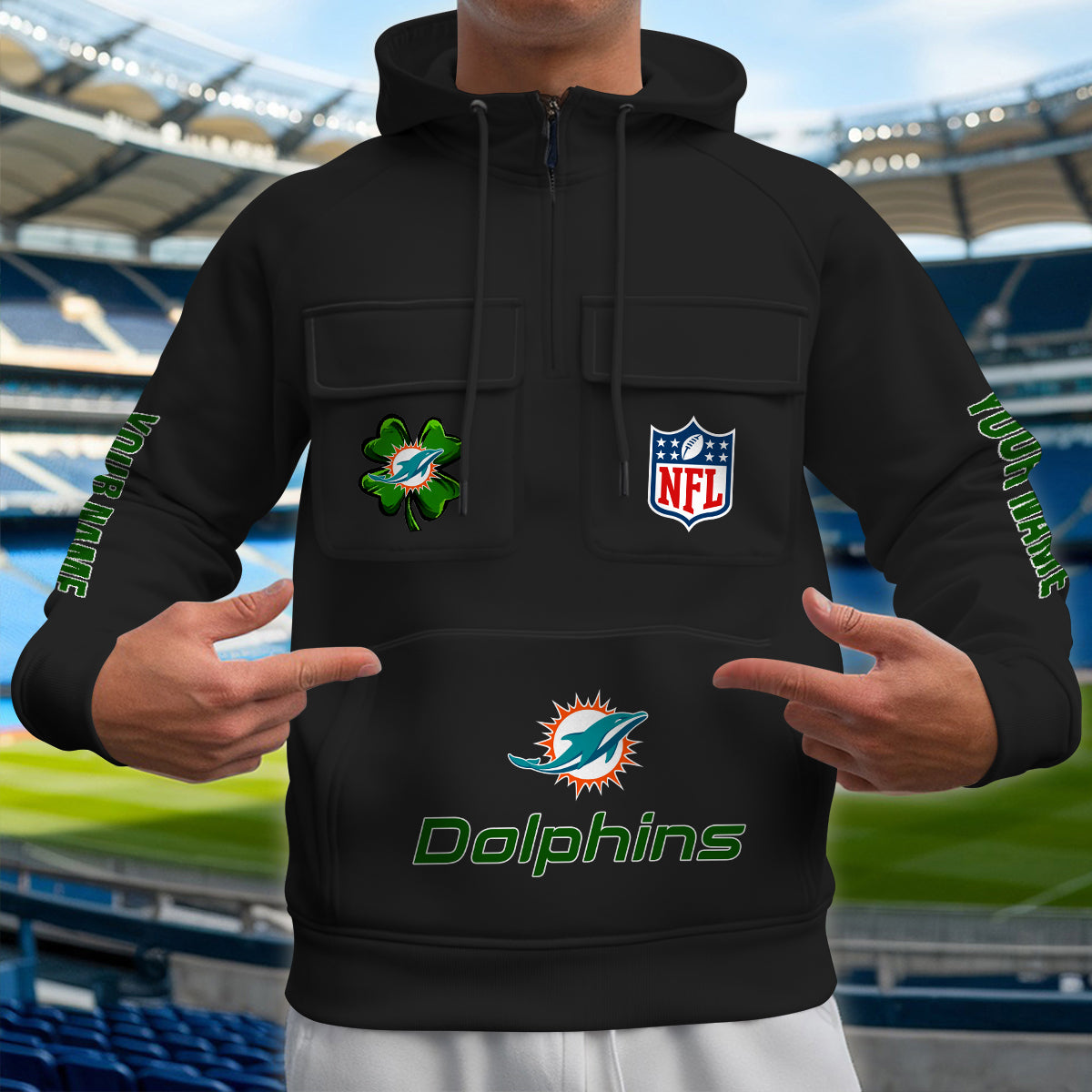 Miami Dolphins St Patrick’s Day Collection Multi-Pockets Zip Hoodie AZTNMZHD000124
