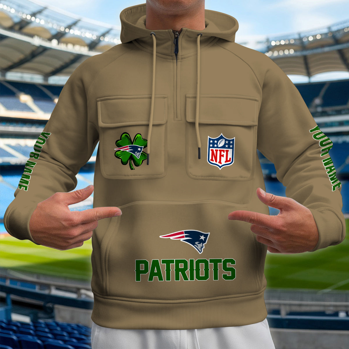 New England Patriots St Patrick’s Day Collection Multi-Pockets Zip Hoodie AZTNMZHD000125