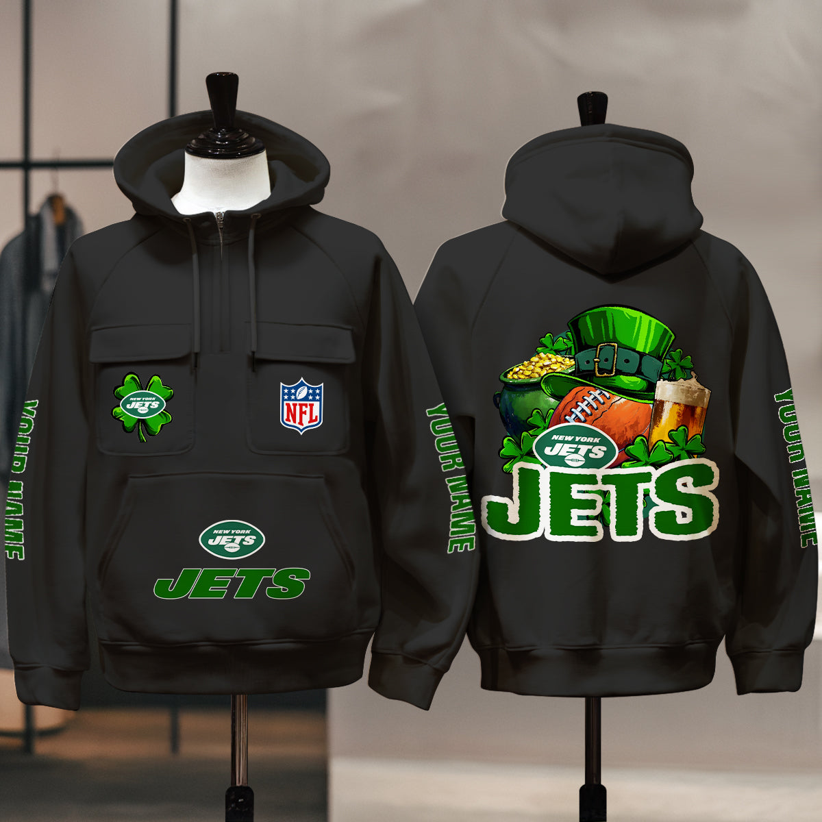 New York Jets St Patrick’s Day Collection Multi-Pockets Zip Hoodie AZTNMZHD000126