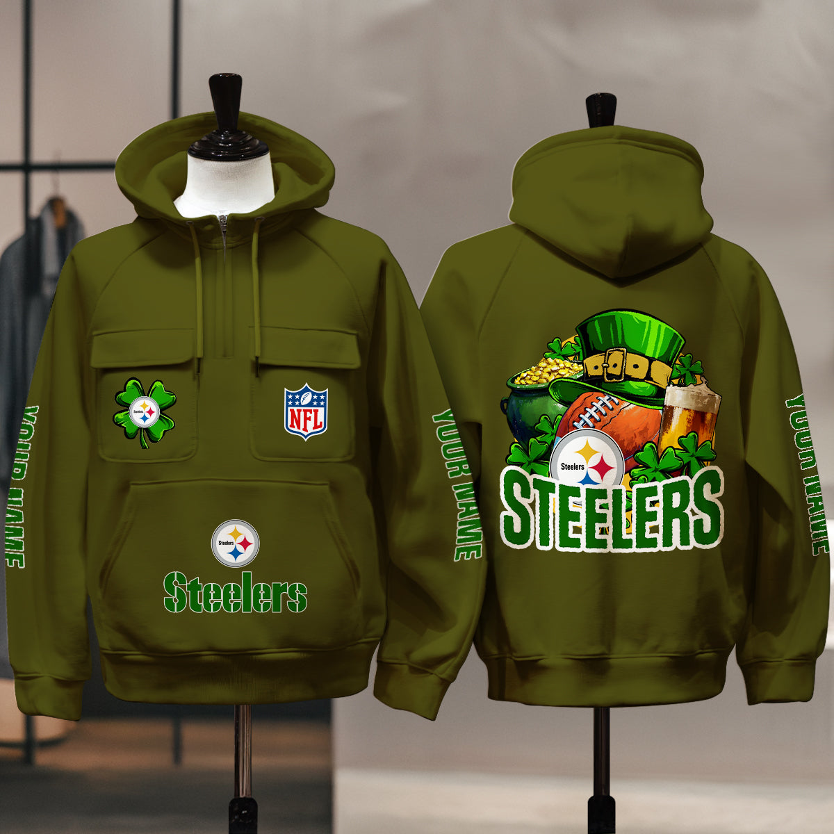 Pittsburgh Steelers St Patrick’s Day Collection Multi-Pockets Zip Hoodie AZTNMZHD000127