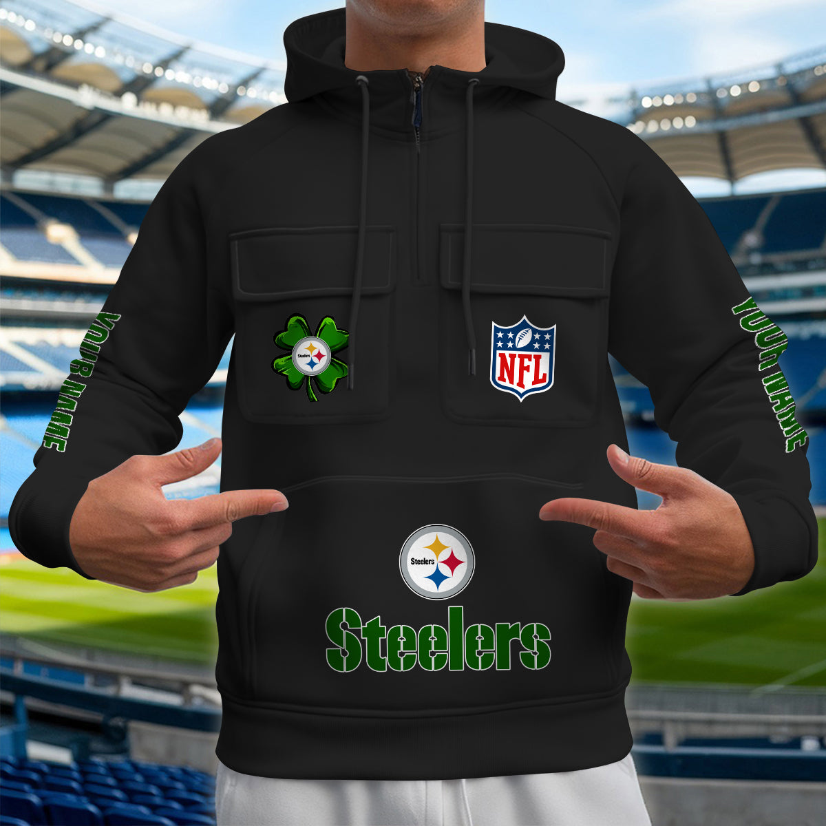Pittsburgh Steelers St Patrick’s Day Collection Multi-Pockets Zip Hoodie AZTNMZHD000127