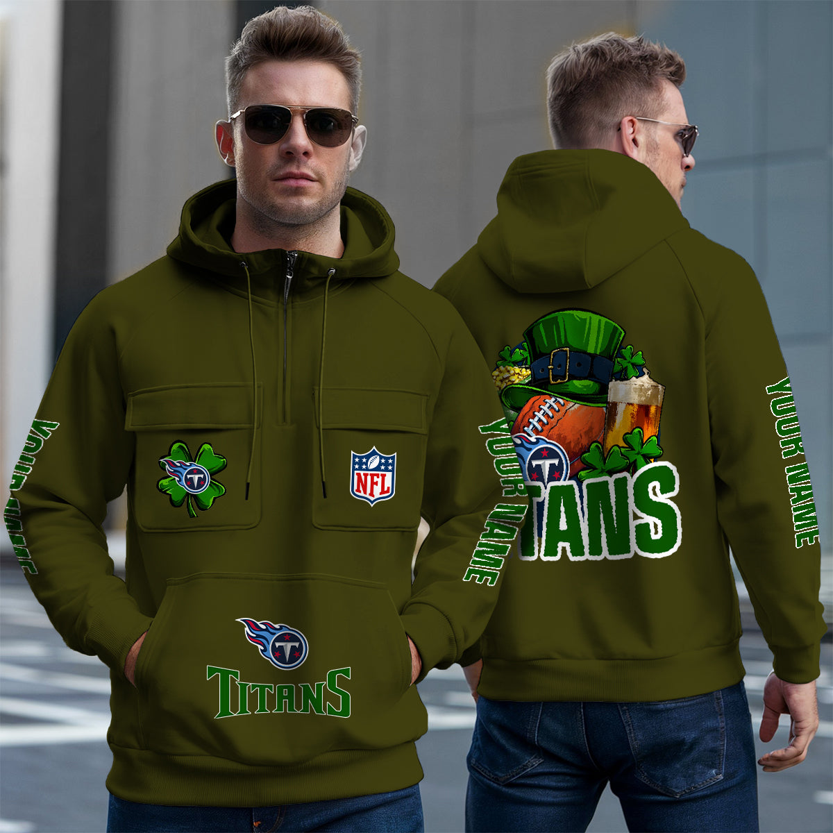 Tennessee Titans St Patrick’s Day Collection Multi-Pockets Zip Hoodie AZTNMZHD000128