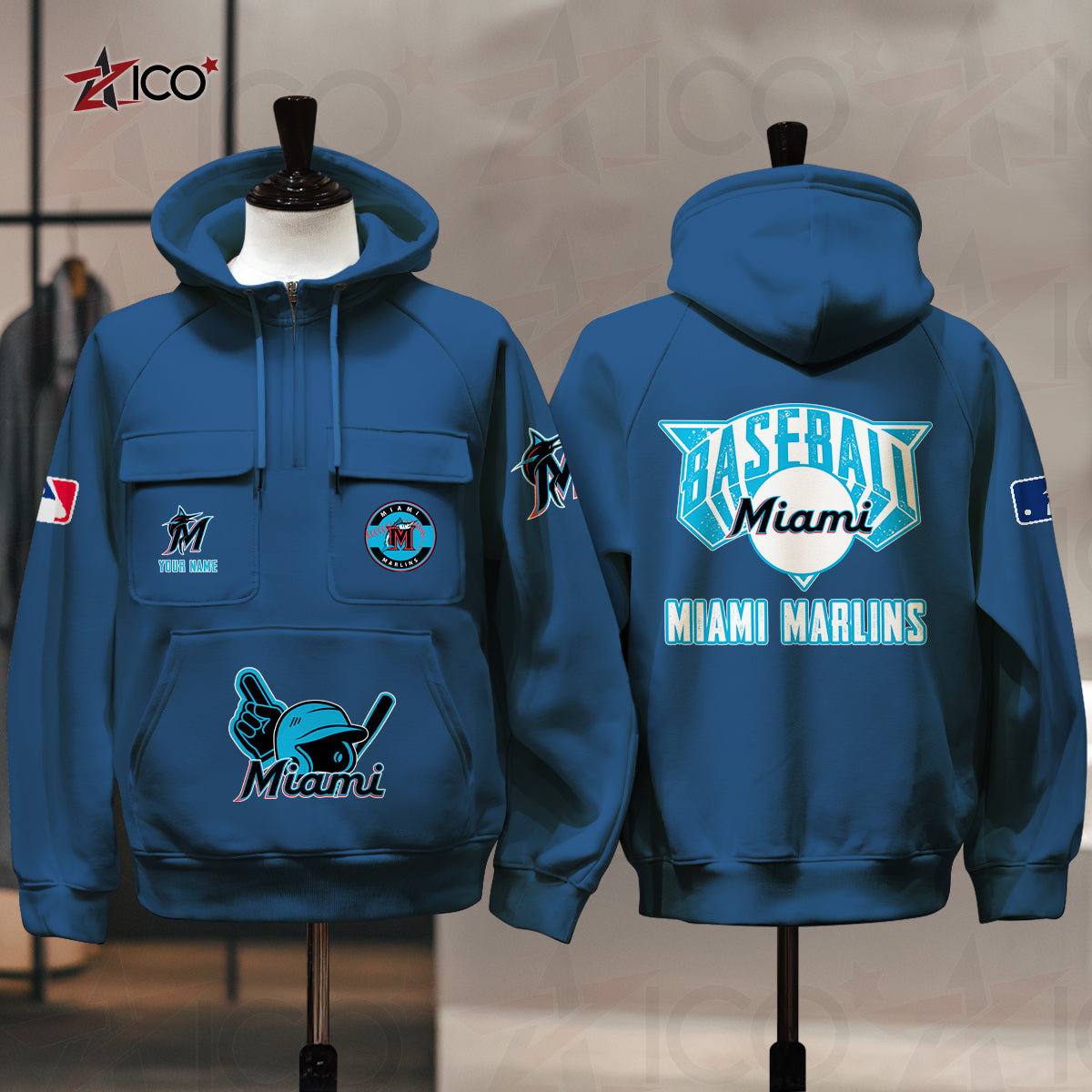 Miami Marlins New Collection Multi-Pockets Zip Hoodie MLB AZTNMZHD000205