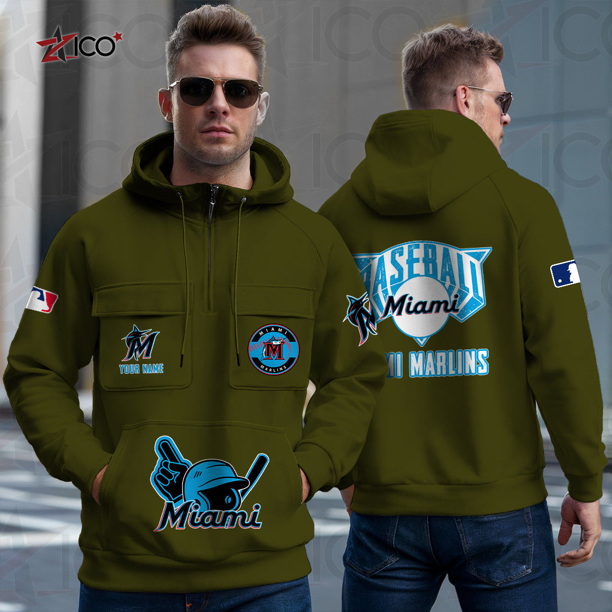 Miami Marlins New Collection Multi-Pockets Zip Hoodie MLB AZTNMZHD000205