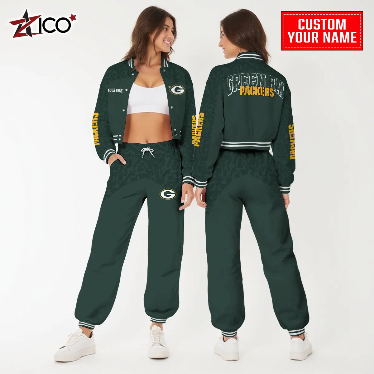Green Bay Packers Combo Crop Varsity Jacket And Sweatspants Limited Edition AZTNVJSP000007