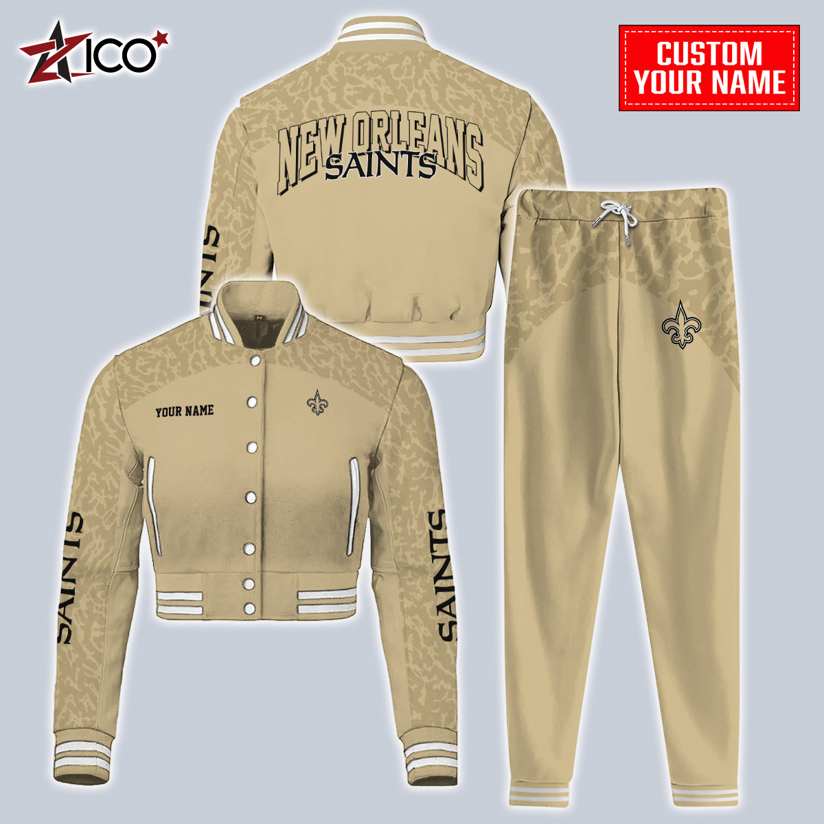 New Orleans Saints Combo Crop Varsity Jacket And Sweatspants Limited Edition AZTNVJSP000010