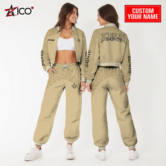 New Orleans Saints Combo Crop Varsity Jacket And Sweatspants Limited Edition AZTNVJSP000010