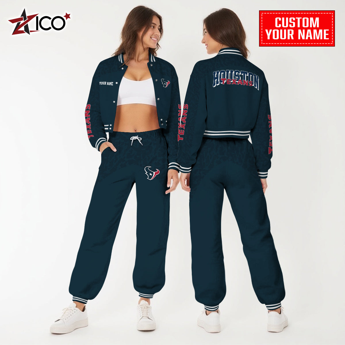Houston Texans Combo Crop Varsity Jacket And Sweatspants Limited Edition AZTNVJSP000022