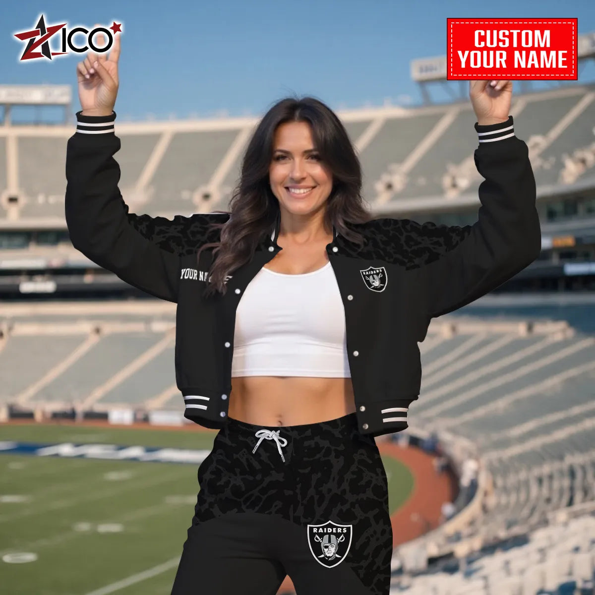 Las Vegas Raiders Combo Crop Varsity Jacket And Sweatspants Limited Edition AZTNVJSP000026