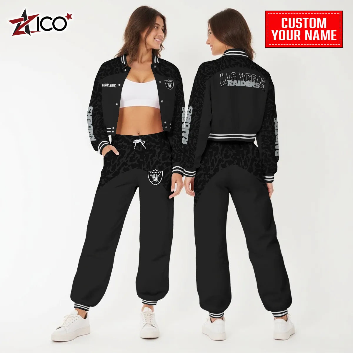 Las Vegas Raiders Combo Crop Varsity Jacket And Sweatspants Limited Edition AZTNVJSP000026