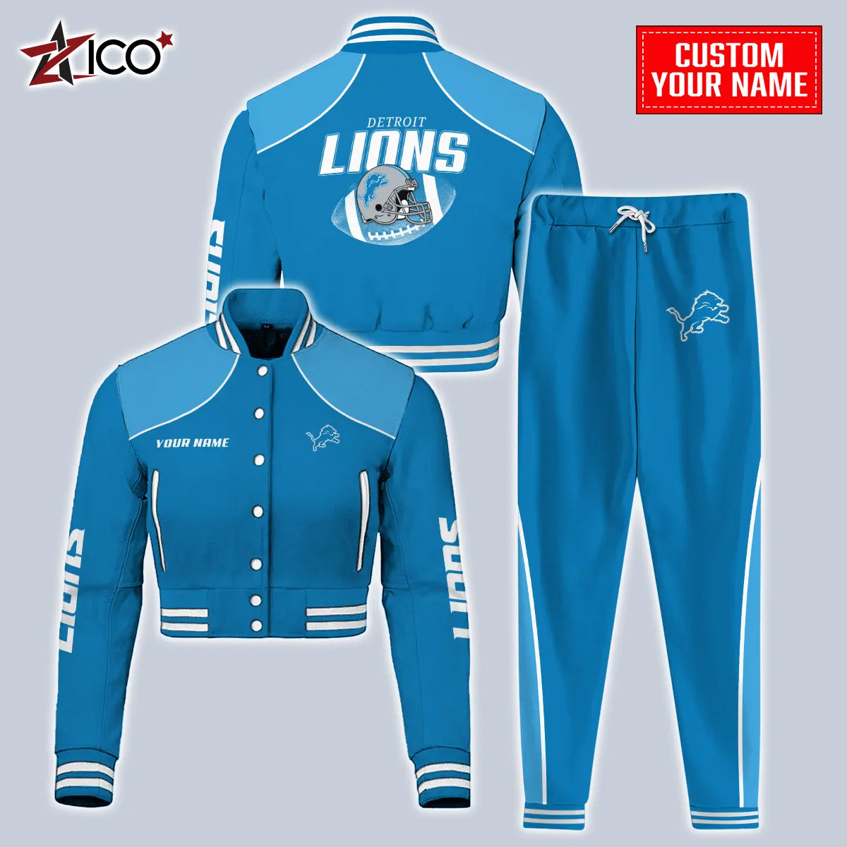 Detroit Lions Combo Crop Varsity Jacket And Sweatspants Limited Edition AZTNVJSP000038