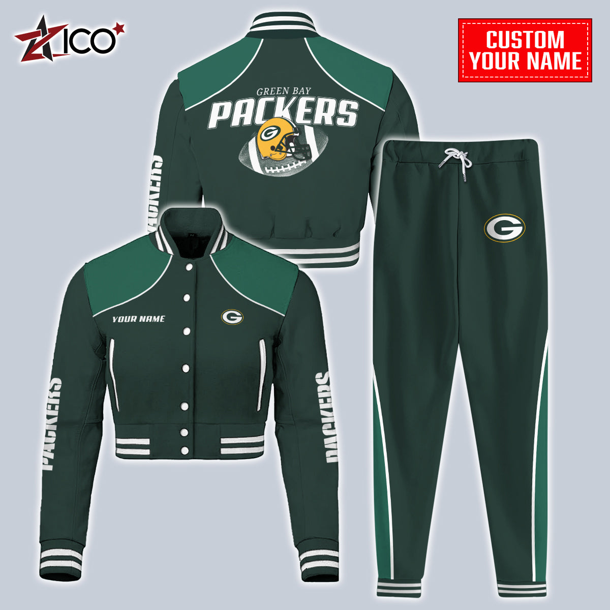 Green Bay Packers Combo Crop Varsity Jacket And Sweatspants Limited Edition AZTNVJSP000039