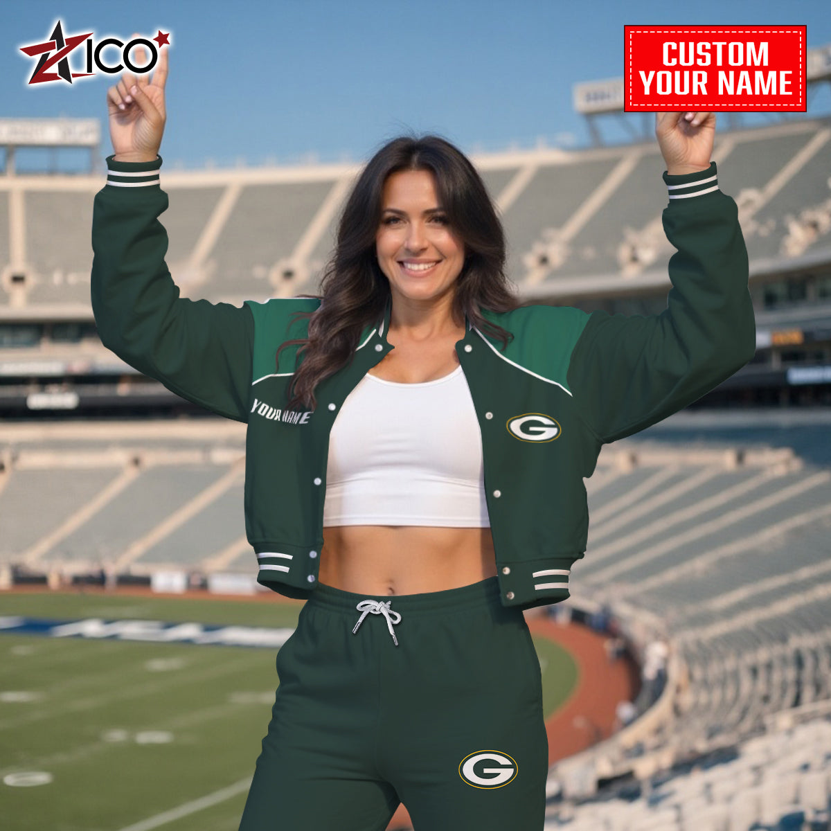 Green Bay Packers Combo Crop Varsity Jacket And Sweatspants Limited Edition AZTNVJSP000039