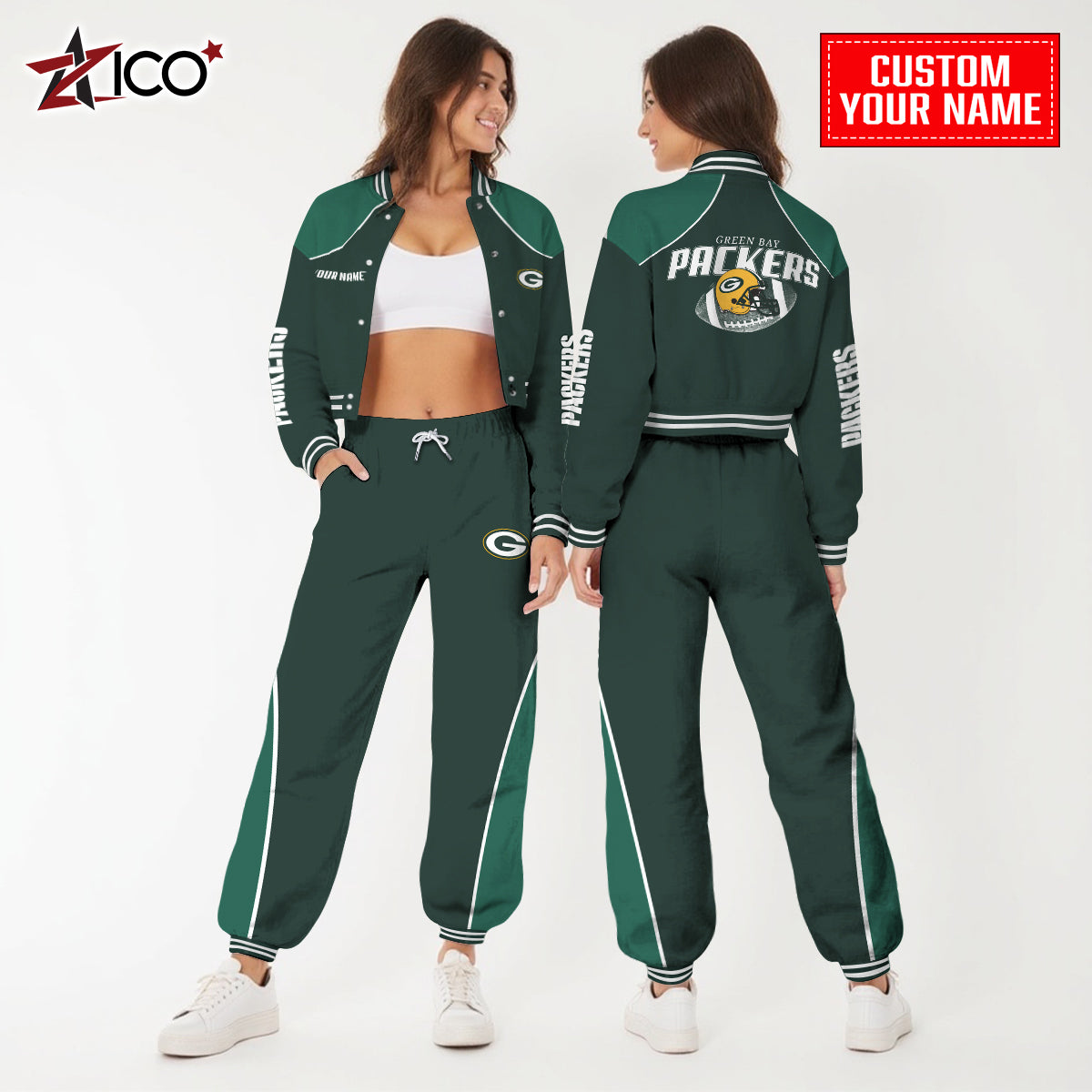 Green Bay Packers Combo Crop Varsity Jacket And Sweatspants Limited Edition AZTNVJSP000039