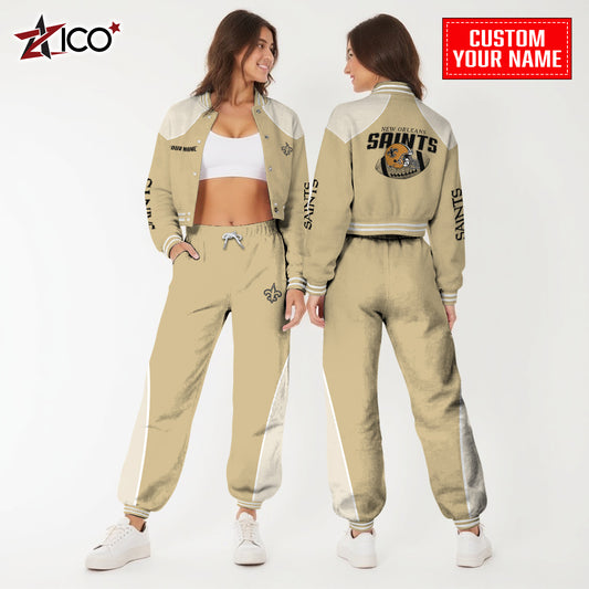 New Orleans Saints Combo Crop Varsity Jacket And Sweatspants Limited Edition AZTNVJSP000042